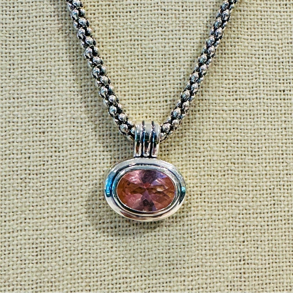 Silver Tone Popcorn Chain Pink Rose Quartz Oval Bezel Set Pendant Necklace 18”